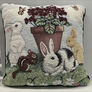 Easter Spring Bunny Rabbit Squirrel Floral Tapestry Throw Pillow